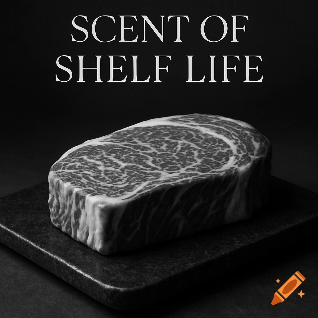 A black and white image of a marbled beef steak on a dark stone slab with the text "SCENT OF SHELF LIFE" above it.