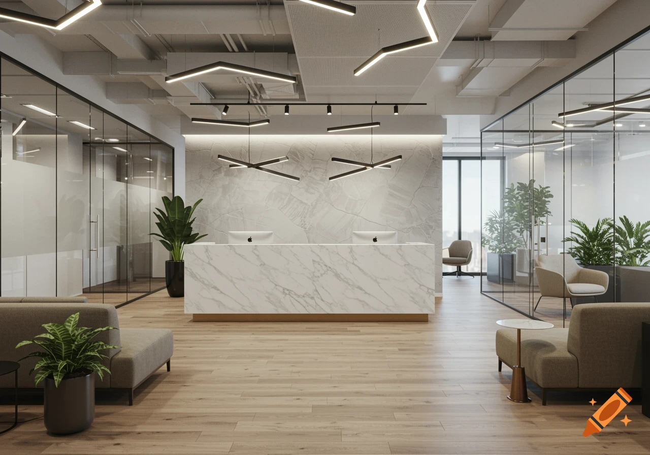 A bright, modern office reception area with a white marble desk, two monitors, stylish linear lighting, and potted plants.