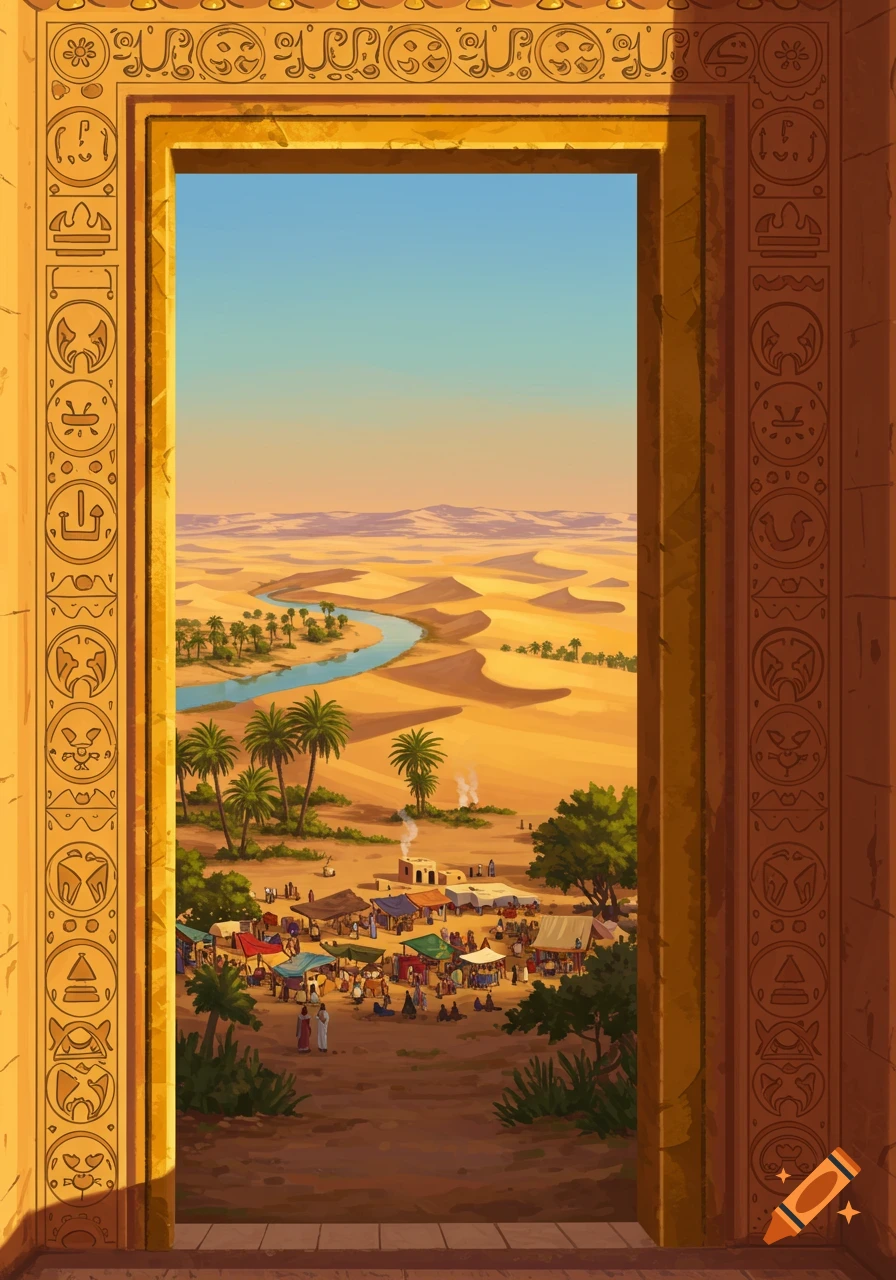 A vibrant illustration of a desert landscape with a market and river, viewed through an ornate ancient doorway.