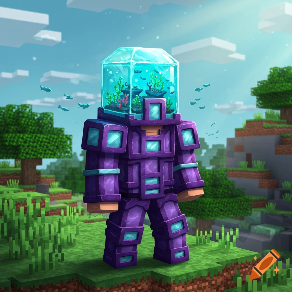 Minecraft-style character in purple armor with an aquarium helmet, standing in a blocky landscape.