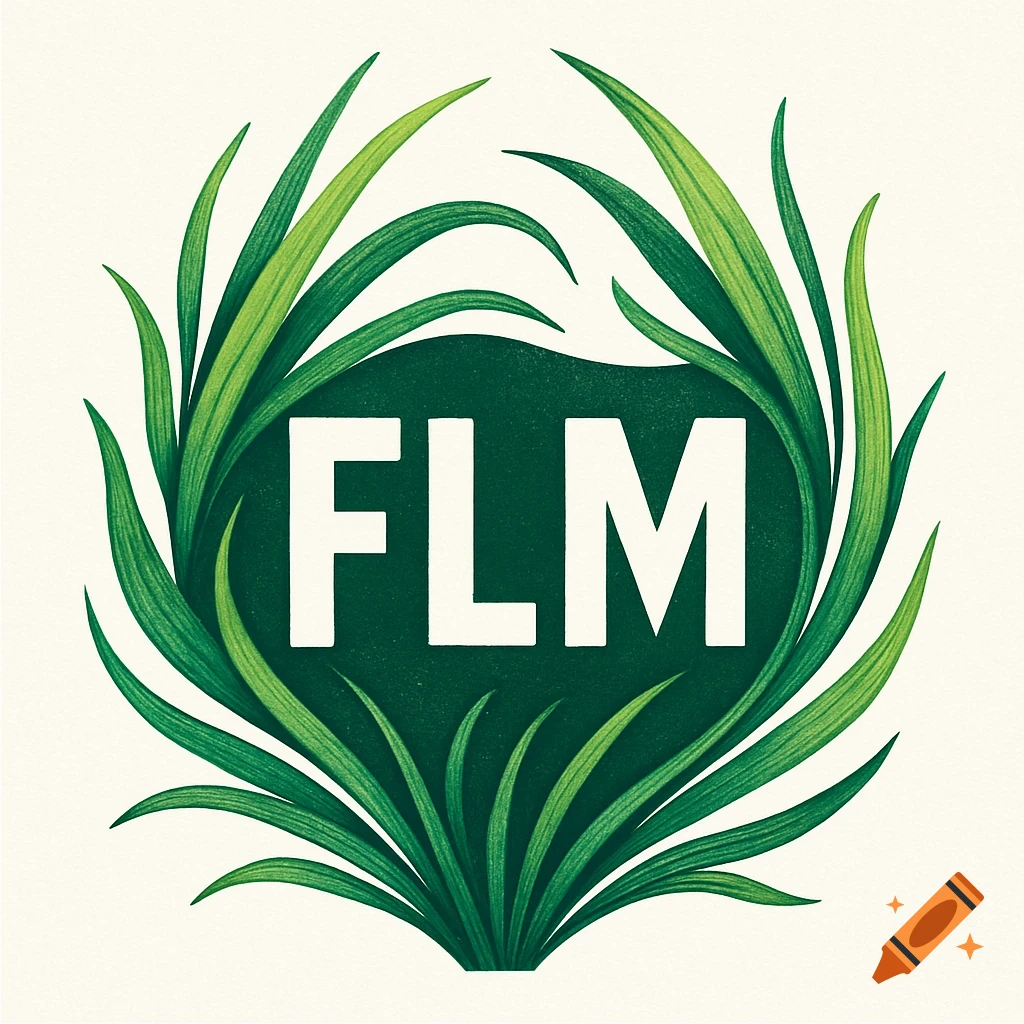 A green grassy logo with white letters FLM in the center.