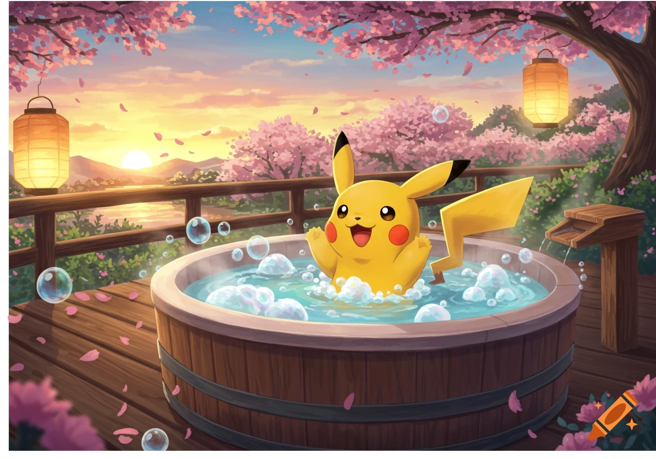 Pikachu splashes happily in a wooden outdoor hot tub under pink cherry blossom trees at sunset.