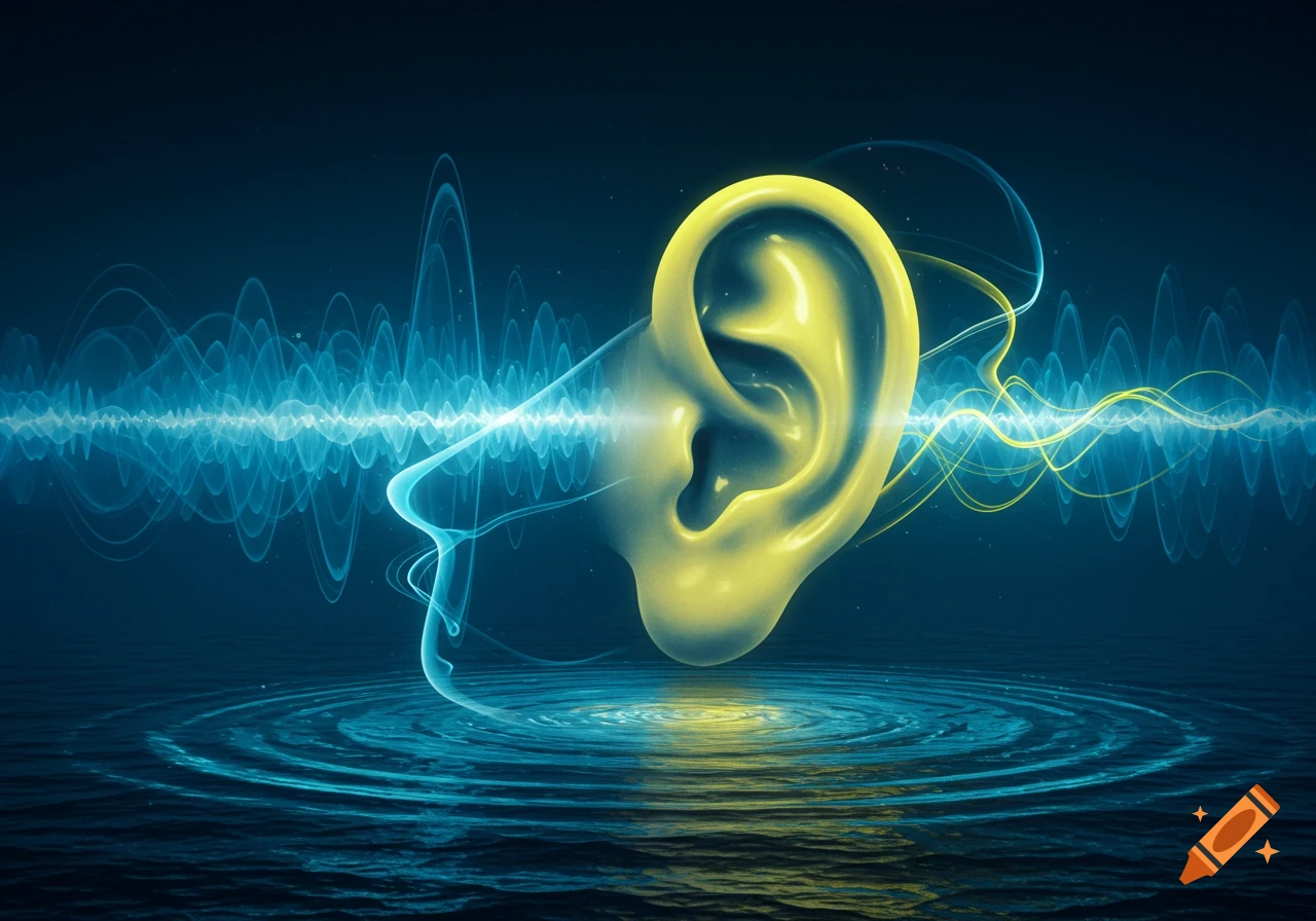 A glowing yellow ear surrounded by blue sound waves over water with ripples, conveying the concept of sound.