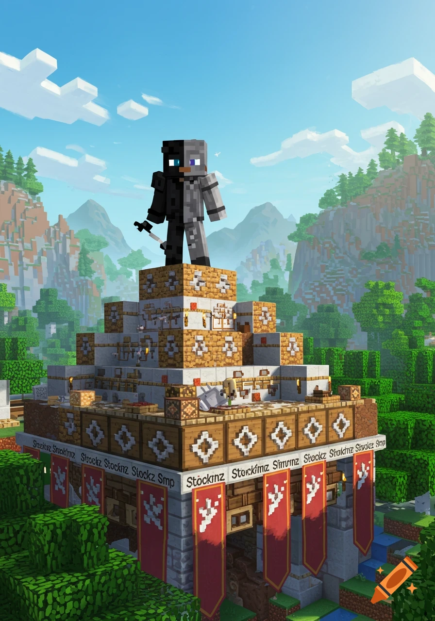 A Minecraft-style character in black and gray armor stands atop a large, ornate tiered structure with red banners in a blocky, mountainous landscape under a blue sky.