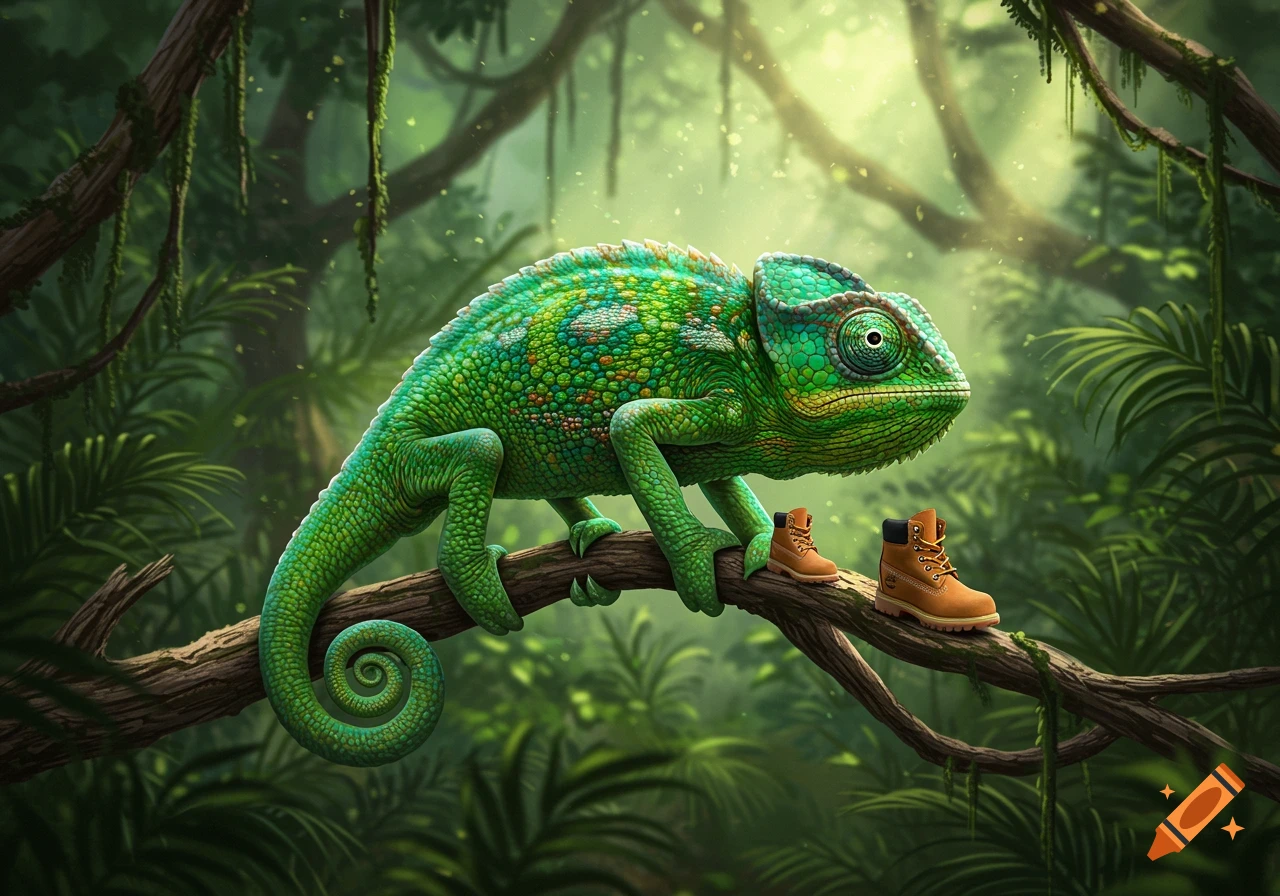 A vibrant green chameleon with textured skin perches on a tree branch in a lush, sunlit jungle, with two tiny brown boots next to it.