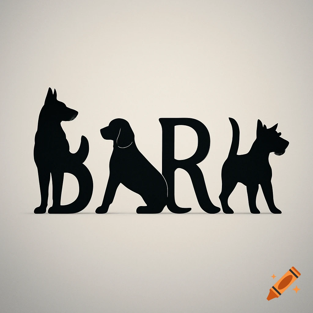 Black silhouettes of dogs and letters spelling out 'BARK' on a light background.