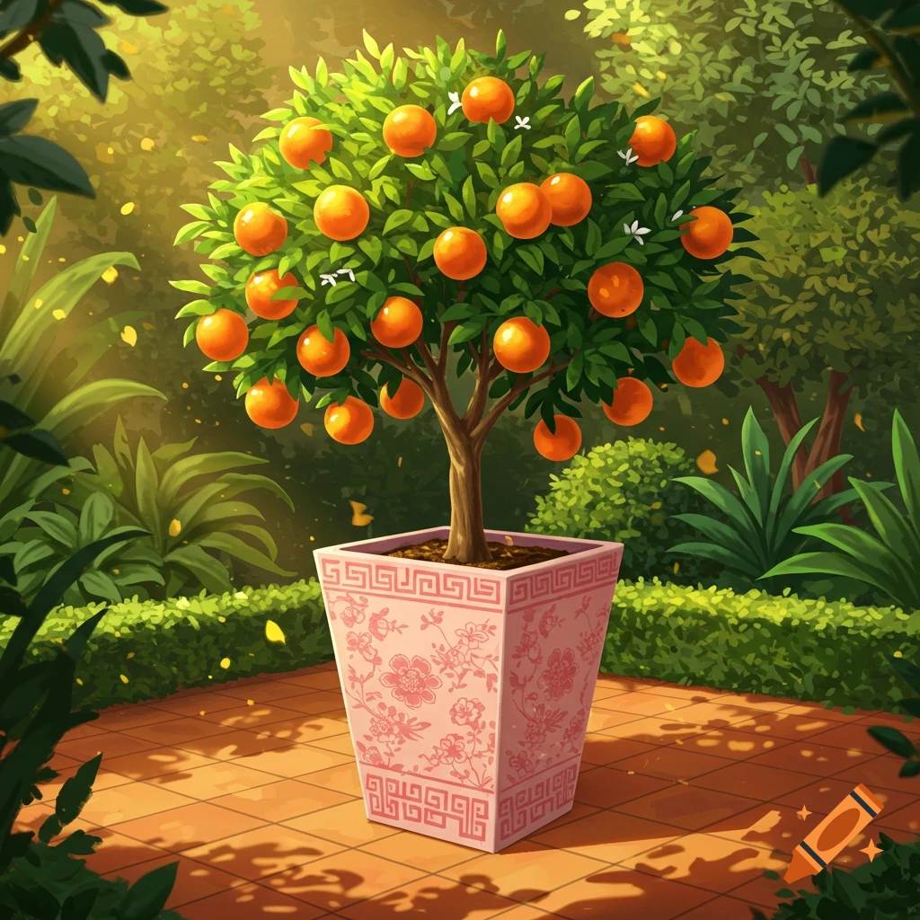 An orange fruit tree with bright green leaves and many ripe oranges, planted in a pink chinoiserie-style square pot on a tiled patio in a sunny garden.