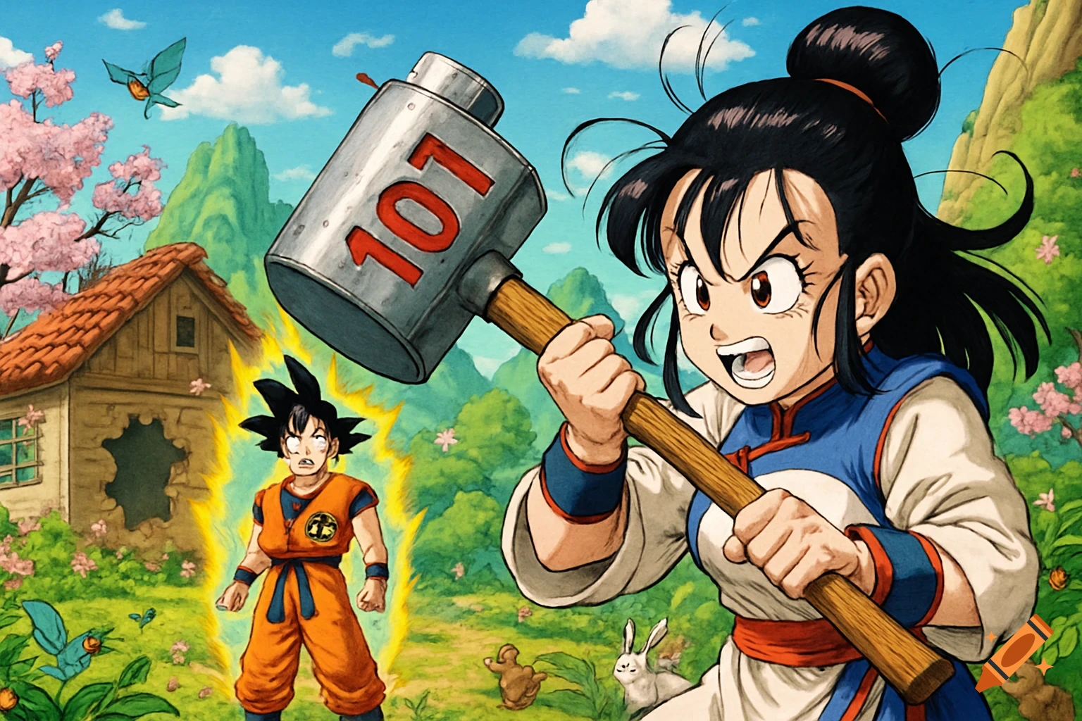 Chichi from Dragon Ball Z, wielding a large hammer labeled '107', angrily approaches a surprised Goku in a vibrant anime landscape with cherry blossoms and a damaged house.