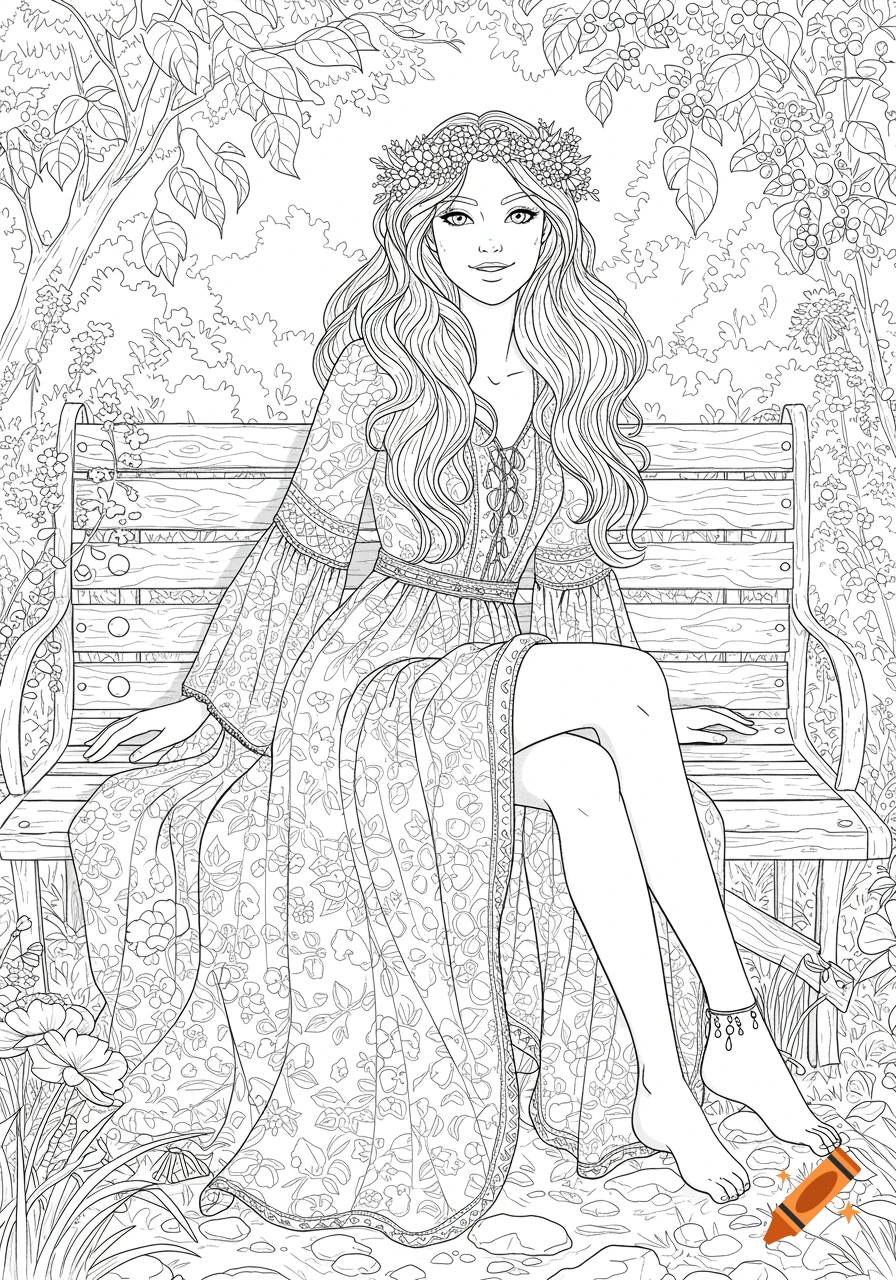 Black and white line art of a woman with long wavy hair and a flower crown, wearing a patterned dress, sitting on a bench in a garden.
