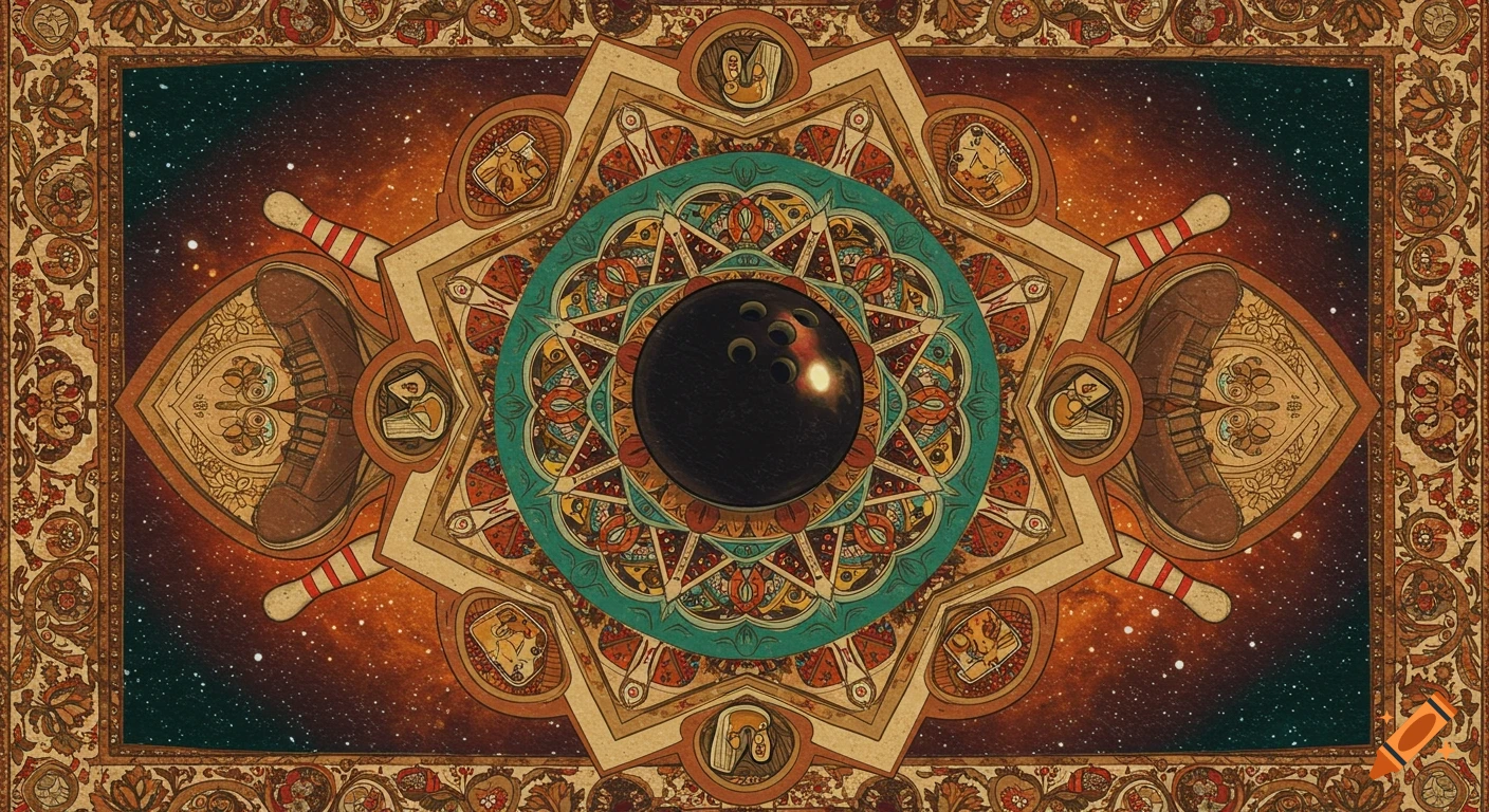 A detailed mandala featuring a bowling ball at its center, surrounded by bowling pins, shoes, and abstract patterns, all against a cosmic starry background.