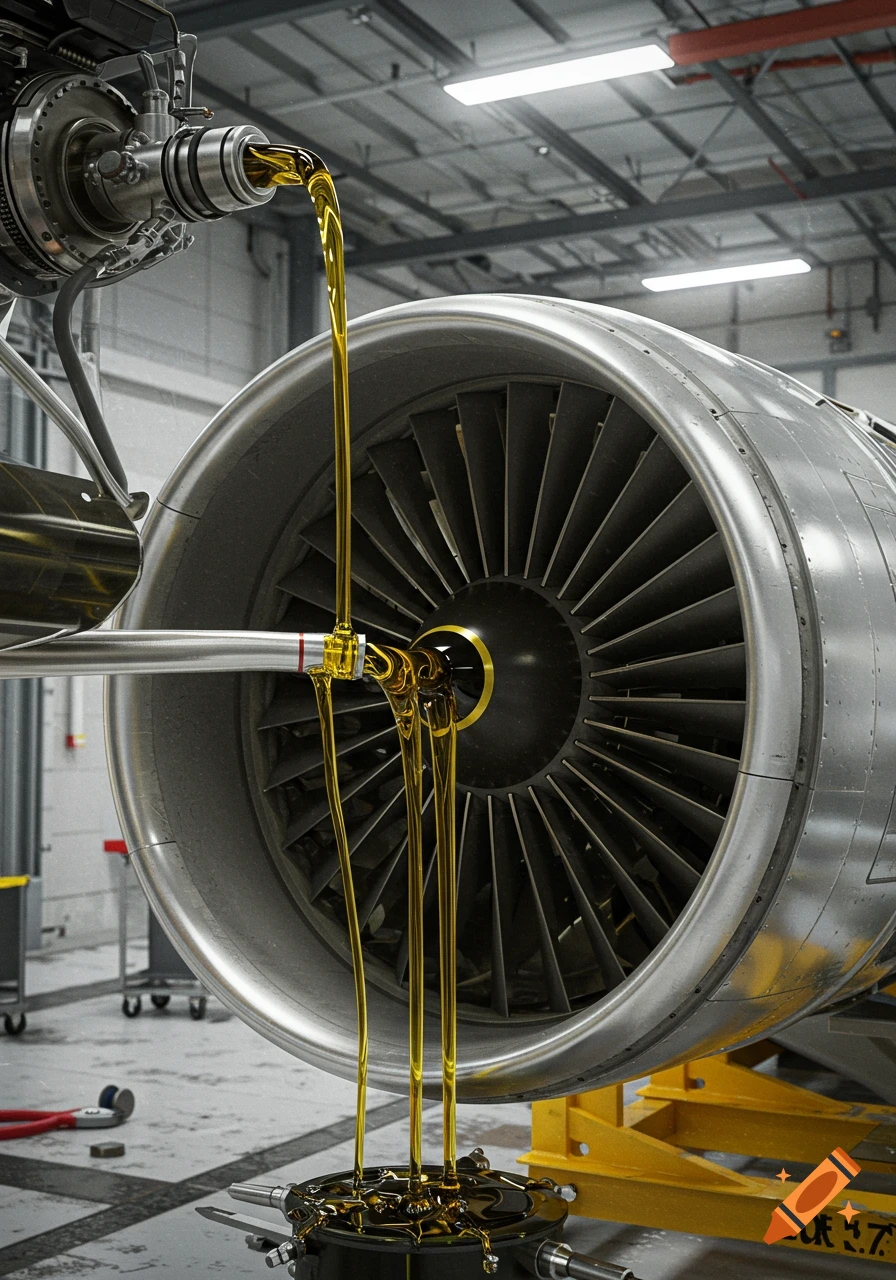 Photorealistic image of yellow oil being poured into the front of a large jet engine in a hangar.