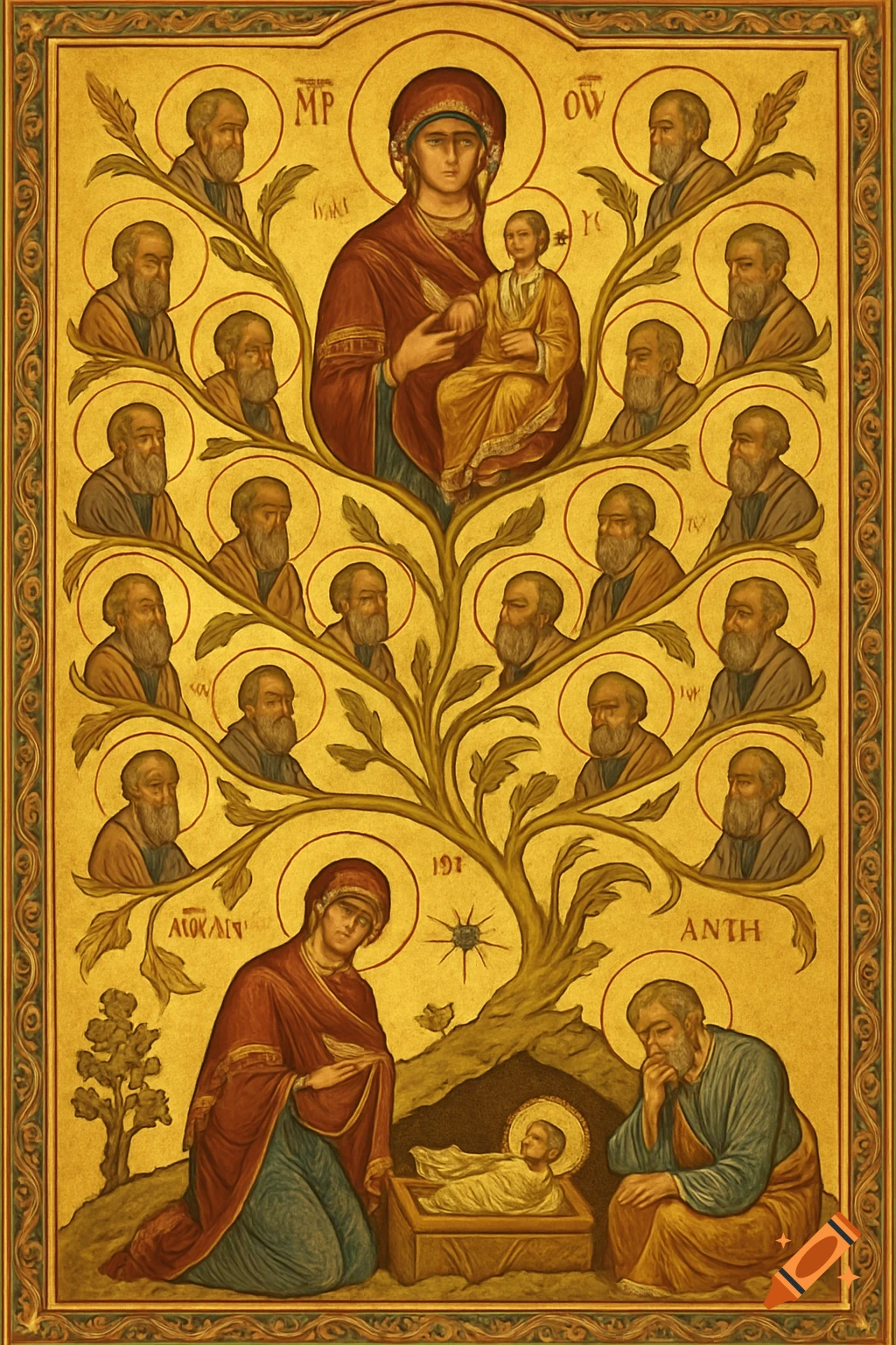 An Orthodox Christian icon depicting the Tree of Jesse with the Virgin Mary and Christ Child at the top, surrounded by ancestors. Below is a Nativity scene with Mary, Joseph, and the infant Jesus in a manger. The artwork has a gold background with halos and stylized faces.