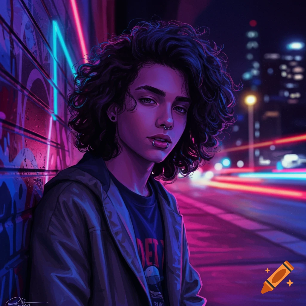 A stylized portrait of a person with curly black hair and a lip ring, illuminated by neon lights on a city street at night.