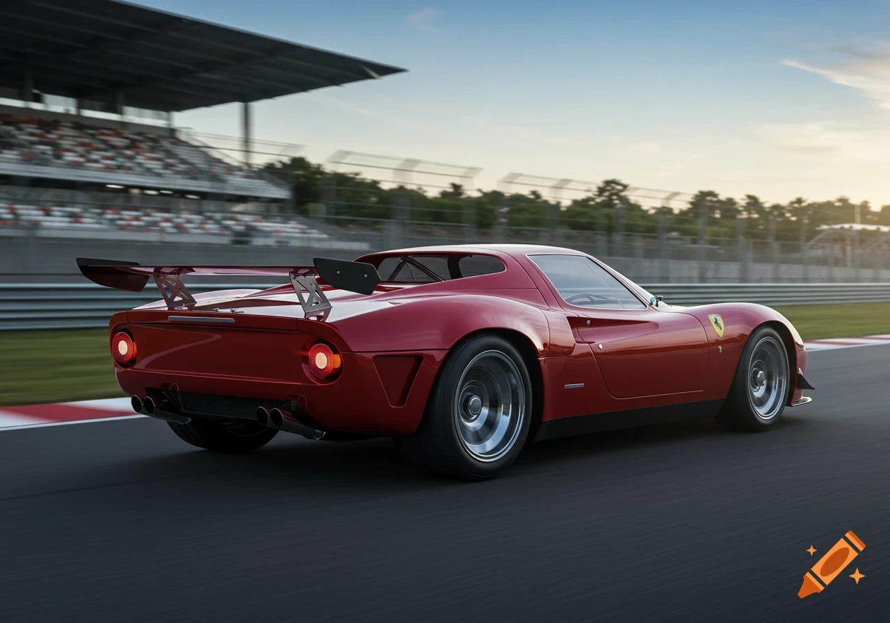A red 1967 Ferrari 330 P4 with a large rear wing on a racetrack at sunset.