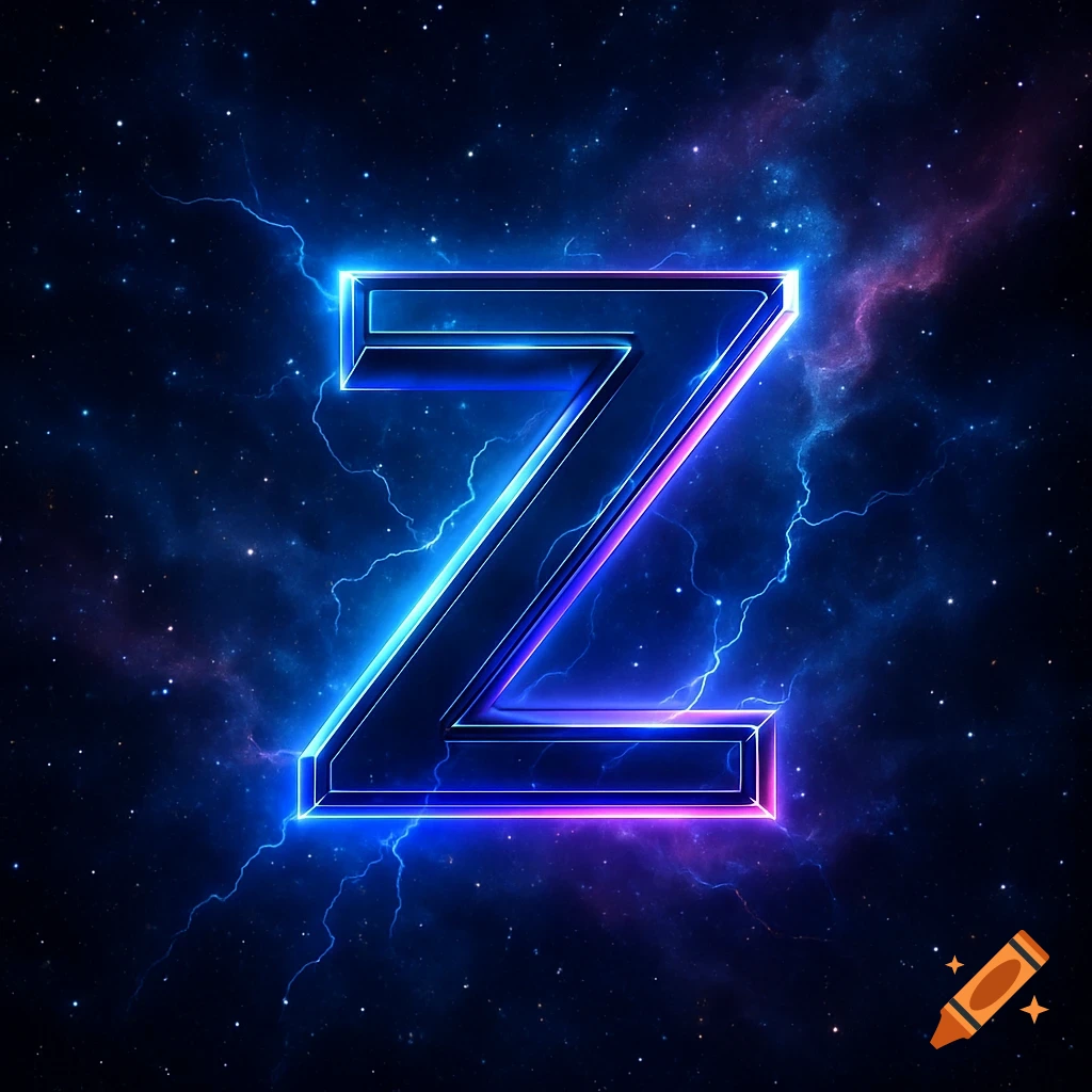 A vibrant neon blue and pink electric letter Z against a dark cosmic background with lightning.
