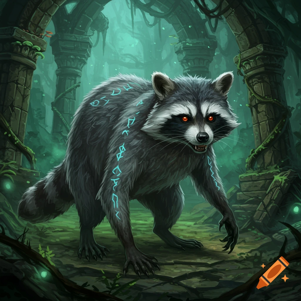 A stylized raccoon monster with glowing red eyes and blue runes on its fur stands in ancient, overgrown ruins.