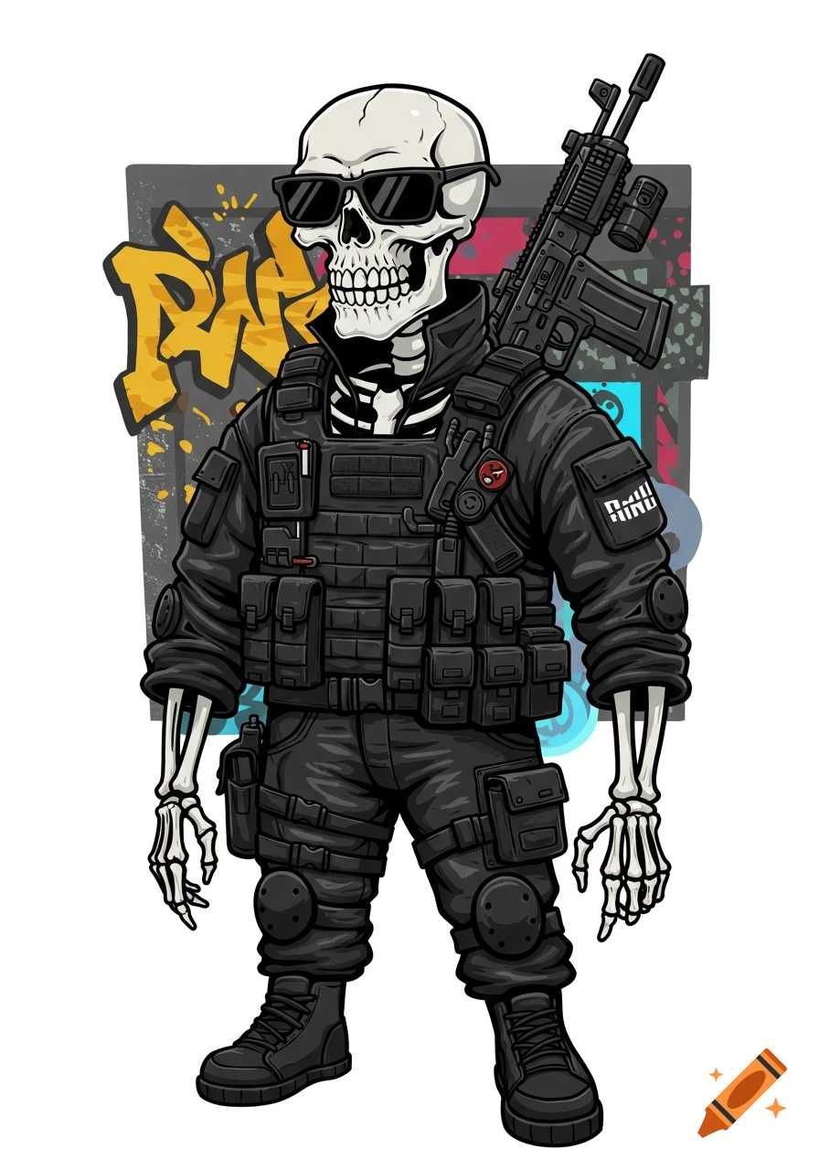 A cartoon skeleton wearing black tactical gear, sunglasses, and carrying a rifle over its shoulder, standing in front of graffiti.