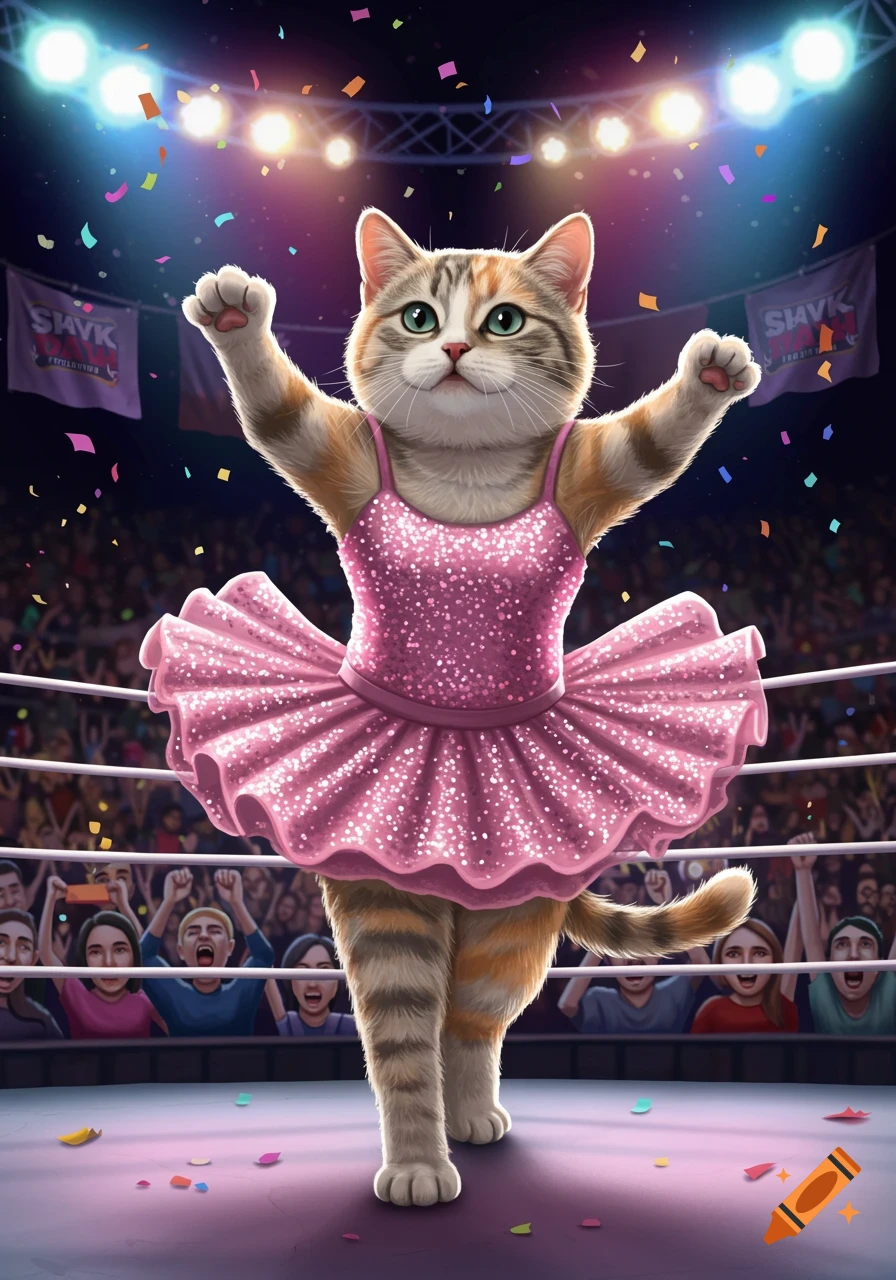 A calico cat in a pink sparkly tutu stands in a wrestling ring with its arms raised as confetti falls around it, cheered by a crowd.