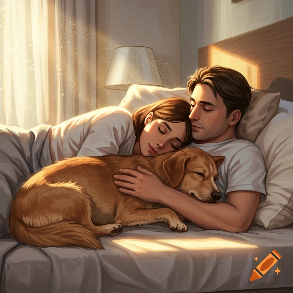 A man and woman asleep in bed, with a golden retriever dog resting between them, bathed in warm morning light.