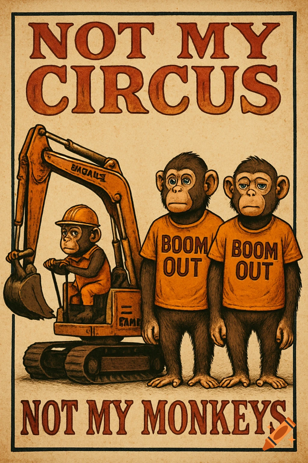 Vintage poster of three monkeys; one operates an excavator, two others wear 'BOOM OUT' shirts. Text: 'NOT MY CIRCUS NOT MY MONKEYS'.