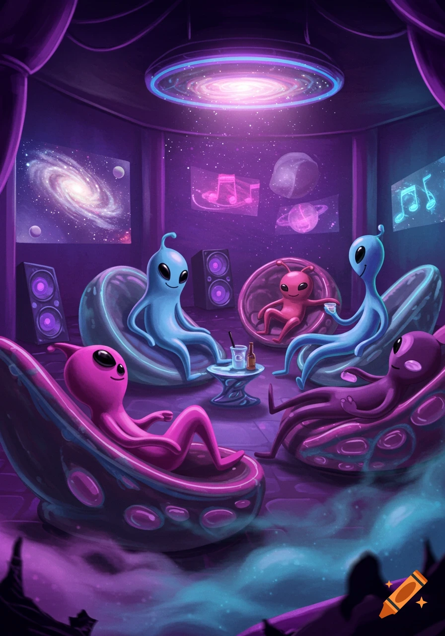 Cartoon aliens in a purple sci-fi lounge with cosmic decor and music note posters, relaxing on lounge chairs.