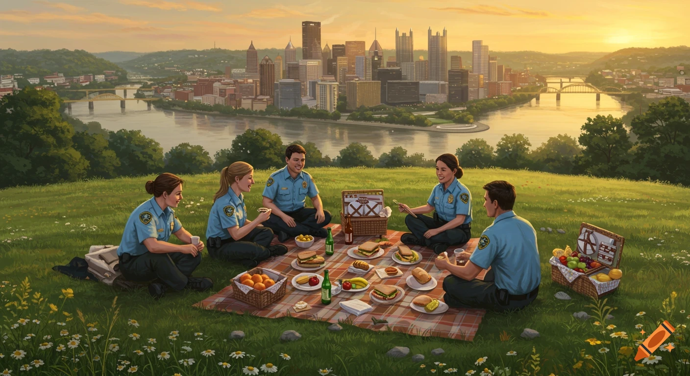 Five people in light blue uniforms having a picnic on a grassy hill overlooking the Pittsburgh skyline at sunset.