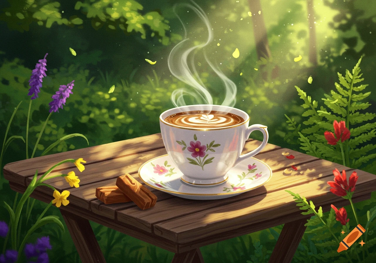 Steaming cup of coffee with latte art on a wooden table in a sunlit forest with flowers and light falling petals.