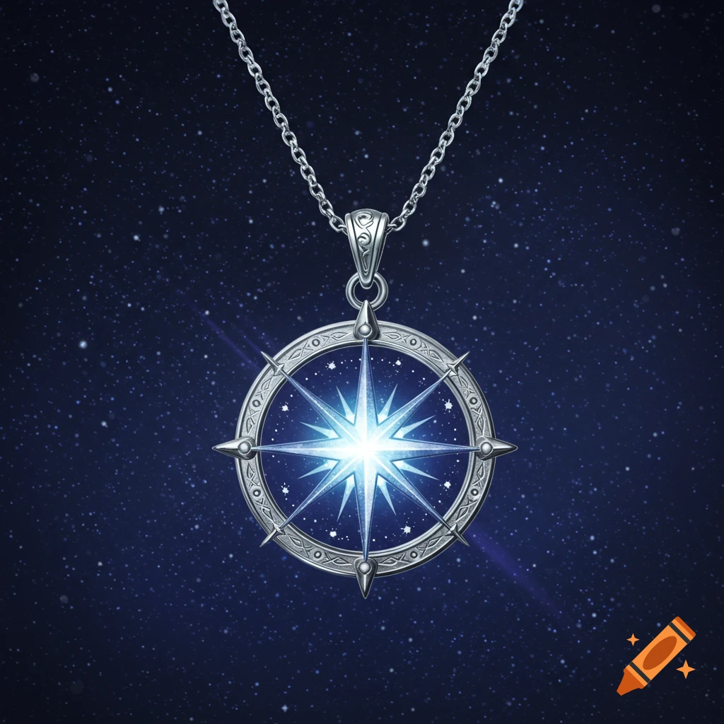 A silver necklace with a glowing star pendant against a dark blue starry night sky.
