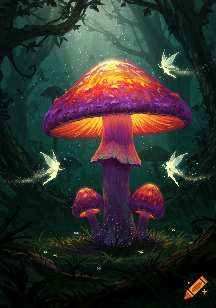 Vibrant glowing mushroom and small fairies in a dark, mystical forest.