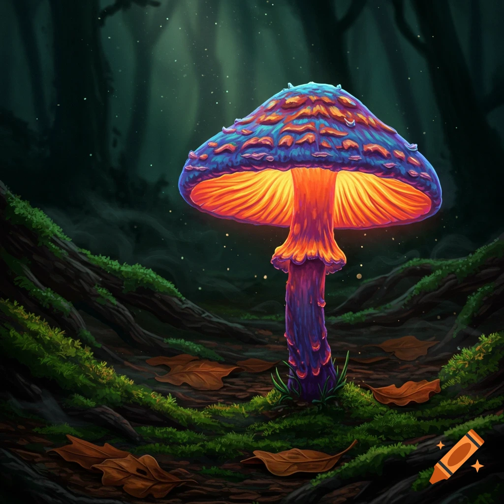A vibrant, glowing blue, purple, and orange mushroom stands in a dark, misty forest with mossy ground and fallen leaves.