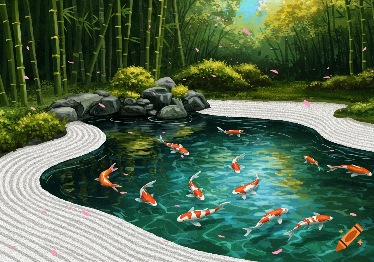 A serene Japanese garden with koi fish in a pond, bamboo trees, rocks, and raked gravel, with pink petals falling.