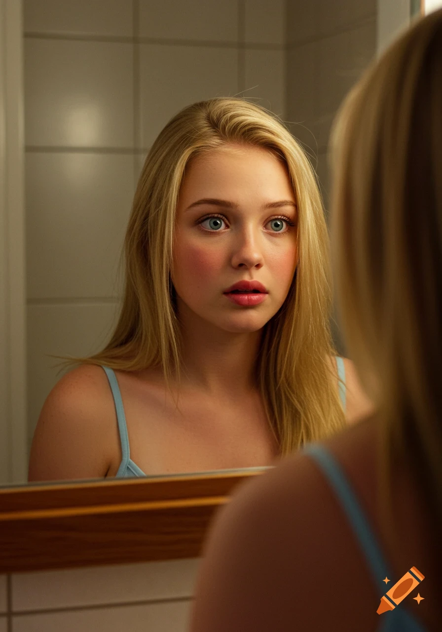 Photorealistic portrait of a surprised young blonde woman with wide blue eyes looking at her reflection in a bathroom mirror.