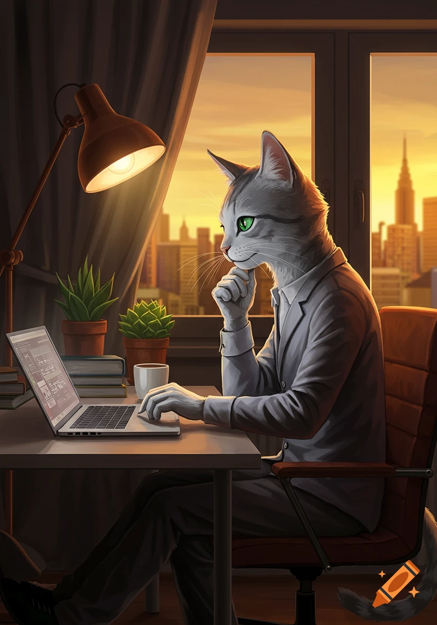 An anthropomorphic grey cat in a suit works on a laptop at a desk, illuminated by a lamp, with a sunset city skyline.