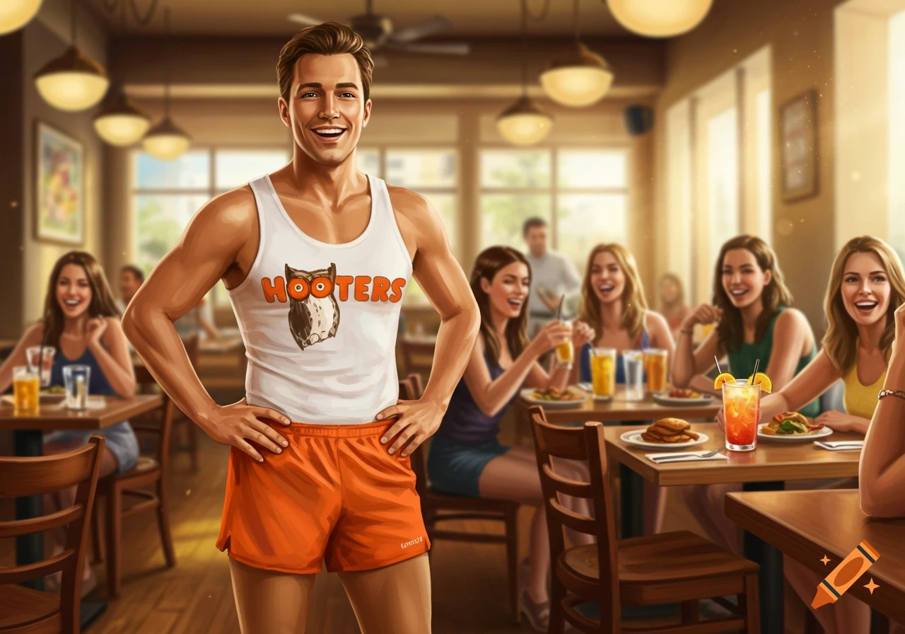 Smiling muscular man in a Hooters tank top and orange shorts stands in a restaurant with women dining, digital illustration.