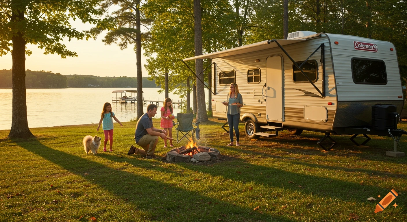 A family and their fluffy dog enjoy camping by a lake with a camper at sunset. The dad tends a fire while the mom and kids are nearby.