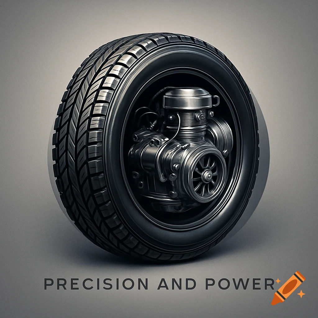 A detailed render of a car tire with a complex engine structure inside, with text 'PRECISION AND POWER'.