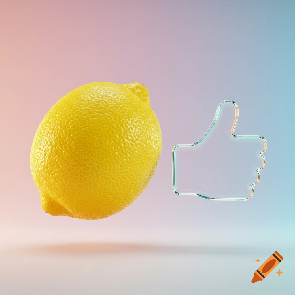 A vibrant yellow lemon floats next to a translucent glass thumbs-up icon against a soft pink and blue gradient background.