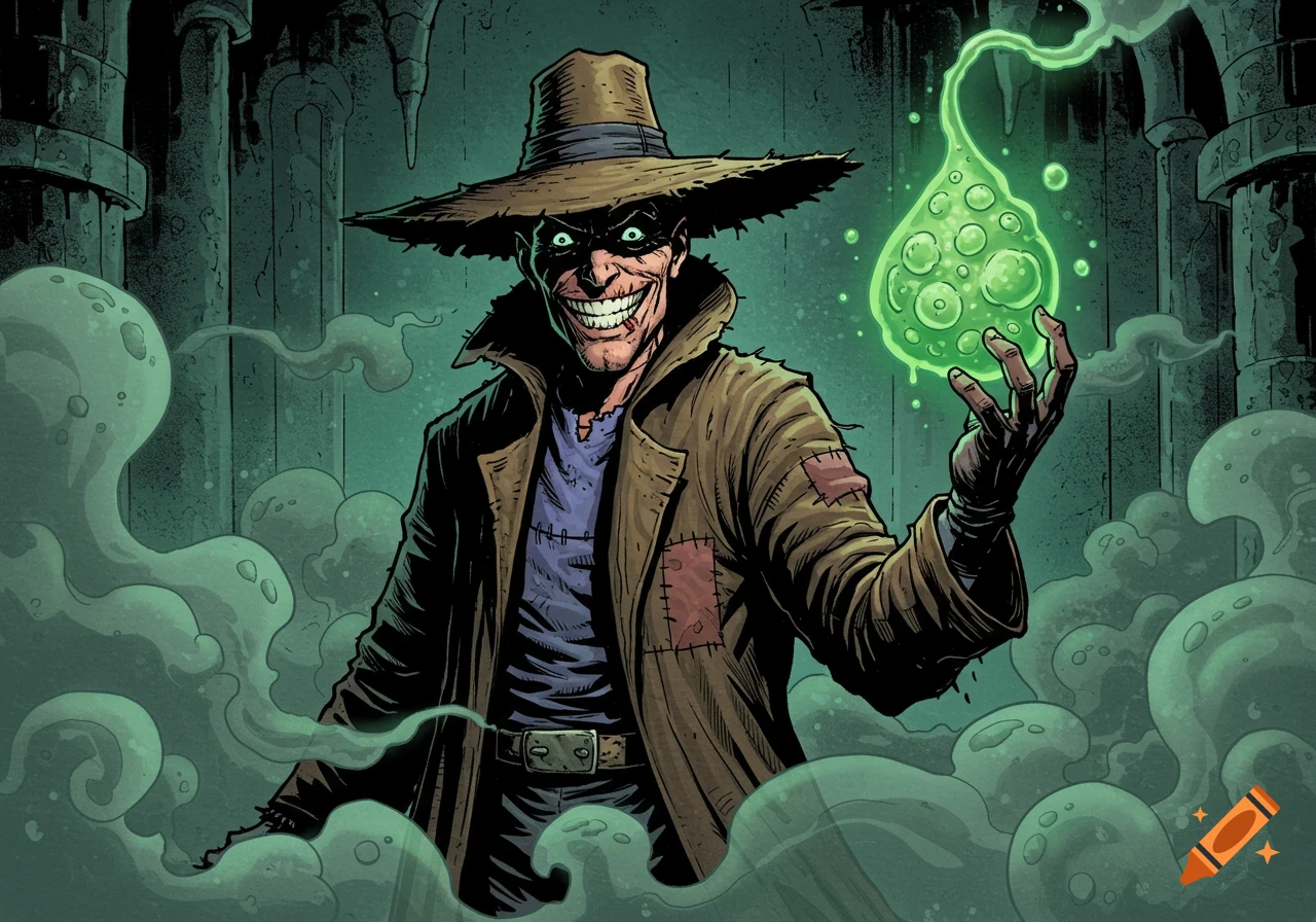 Comic book illustration of a grinning man in a wide-brimmed hat and trench coat, holding a glowing green orb amidst green smoke.