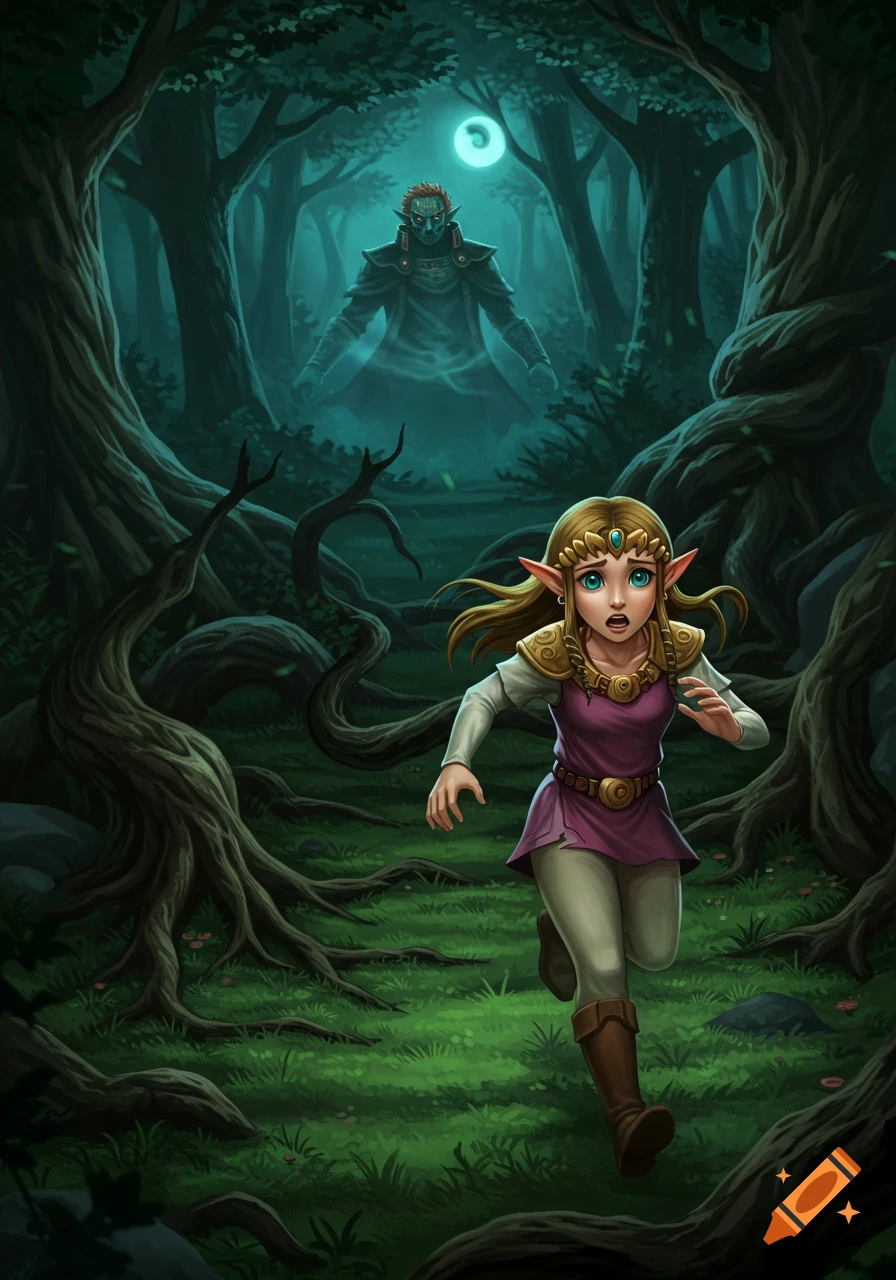 Young Zelda runs through a dark, eerie forest as a ghostly Ganondorf looms in the background. Fantasy art style.