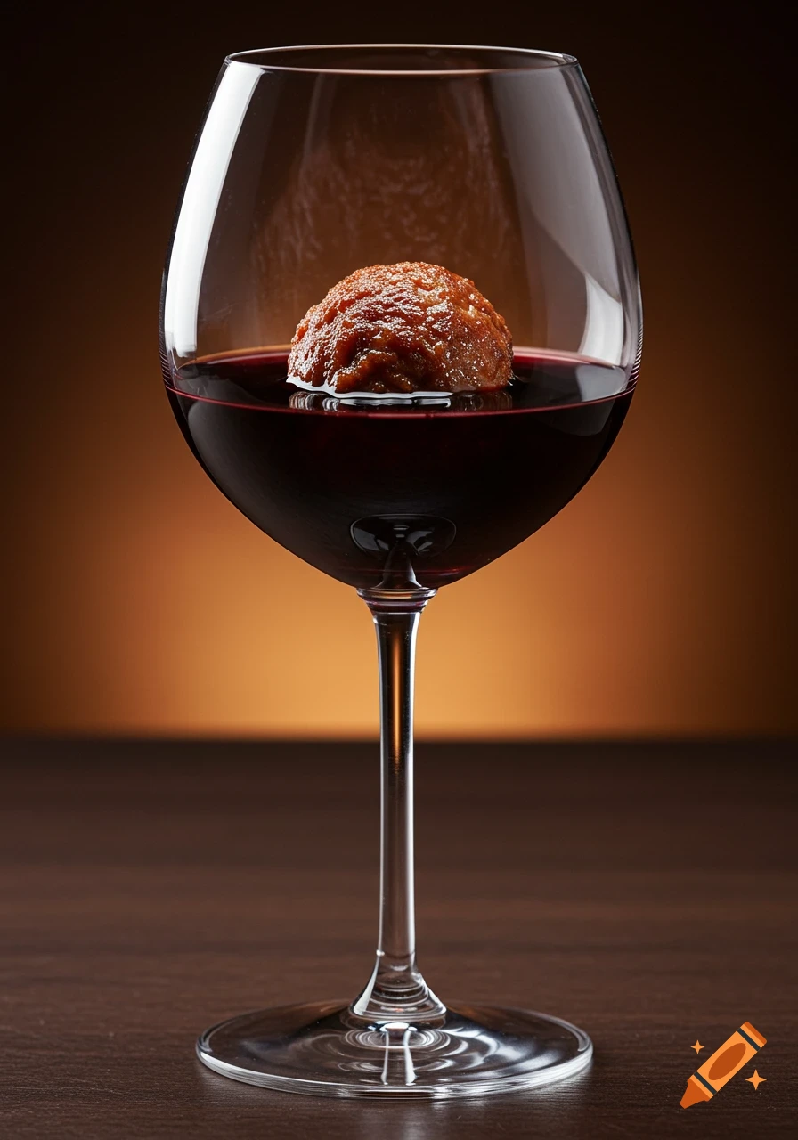 A photorealistic image of a meatball floating in a glass of red wine on a wooden table.