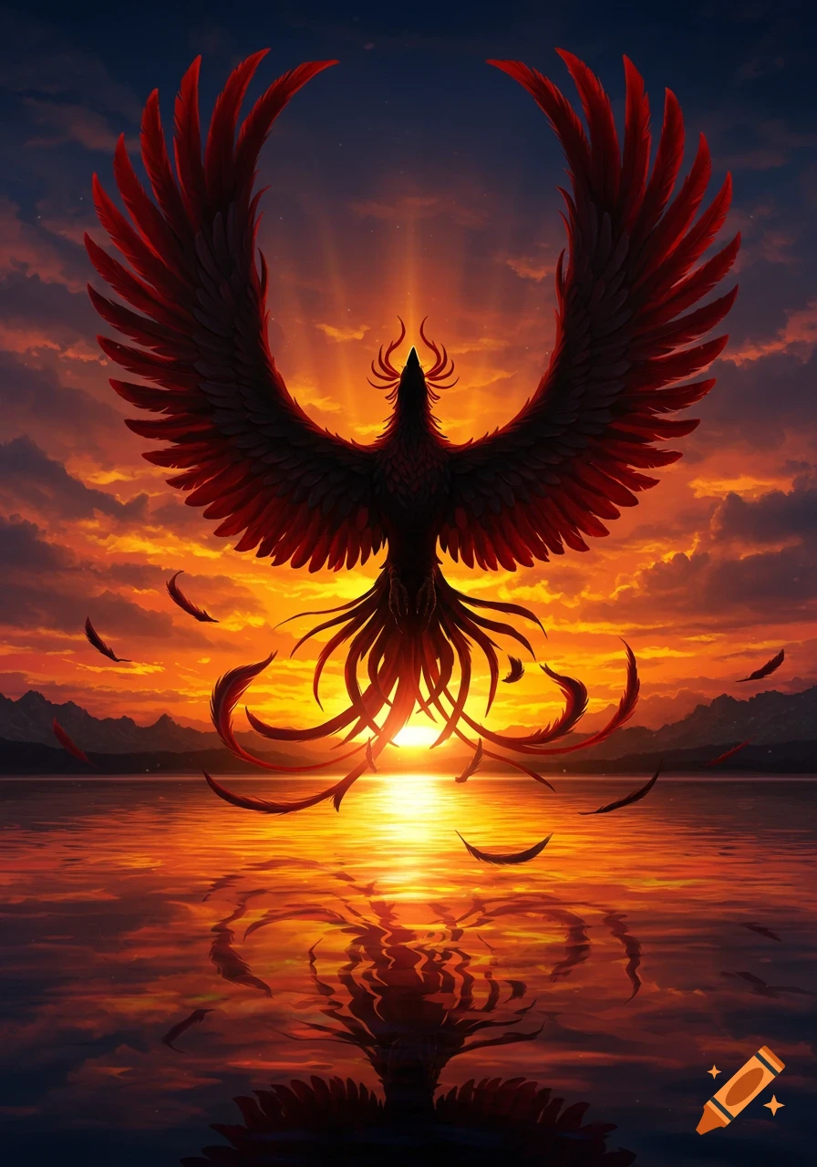 A majestic dark red phoenix with outstretched wings rises above a lake, reflected in the water, against a dramatic orange and red sunset.