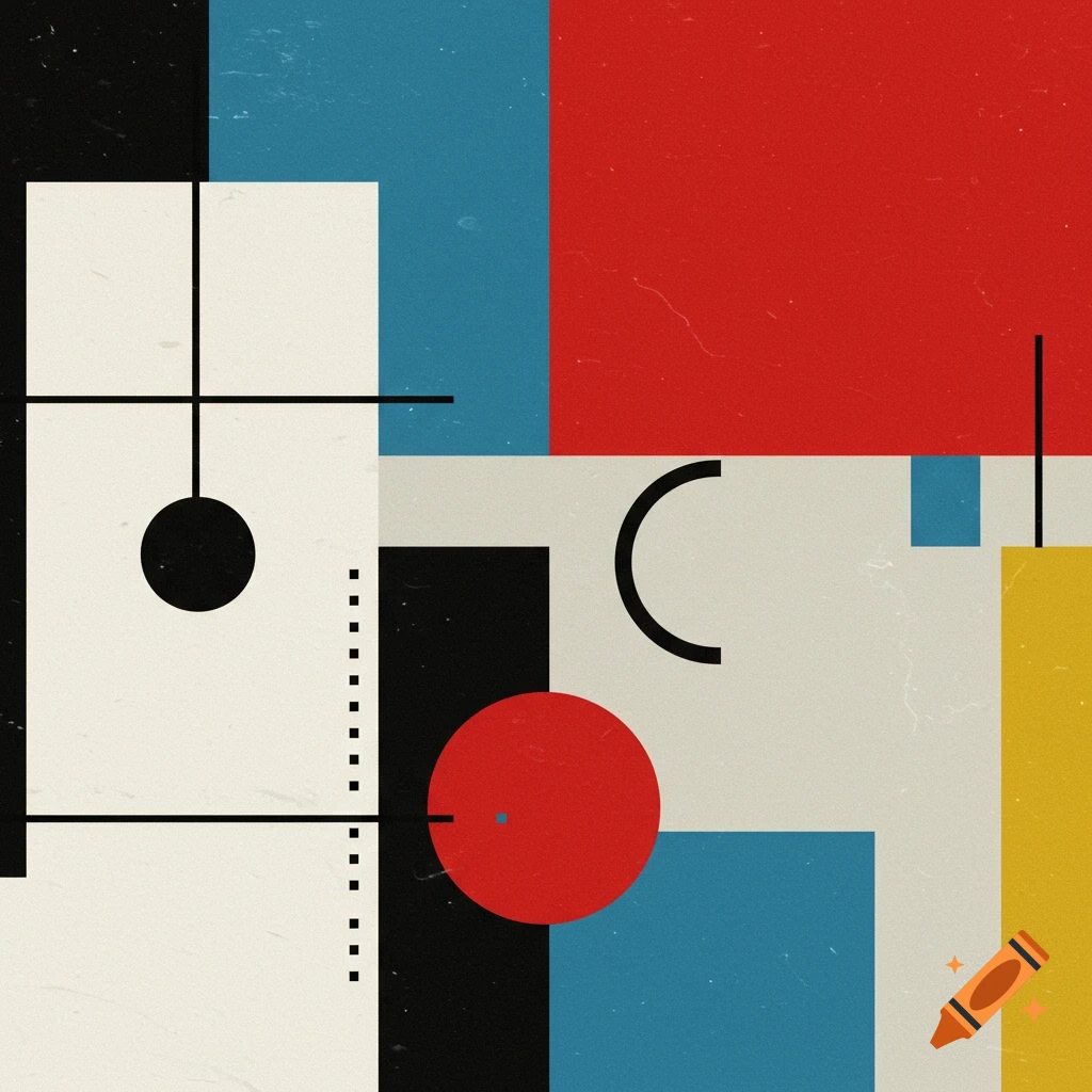 An abstract geometric composition in Bauhaus style with red, blue, black, yellow, and beige rectangles, circles, and lines.