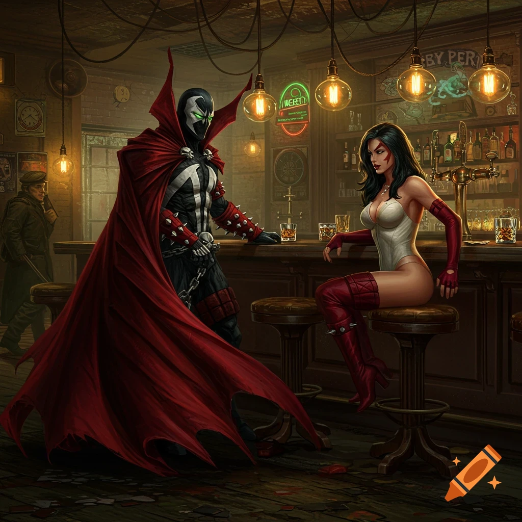 Spawn in a red cape talks to a woman in a white bodysuit at a bar, realistic digital art.