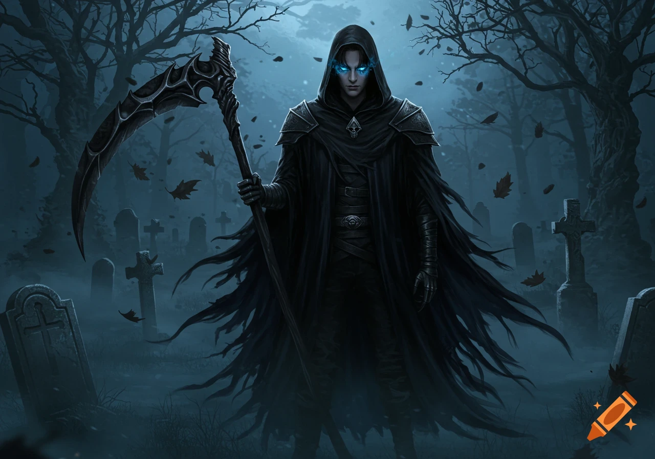 A hooded reaper with glowing blue eyes stands in a misty graveyard, holding a large scythe, dark fantasy art.