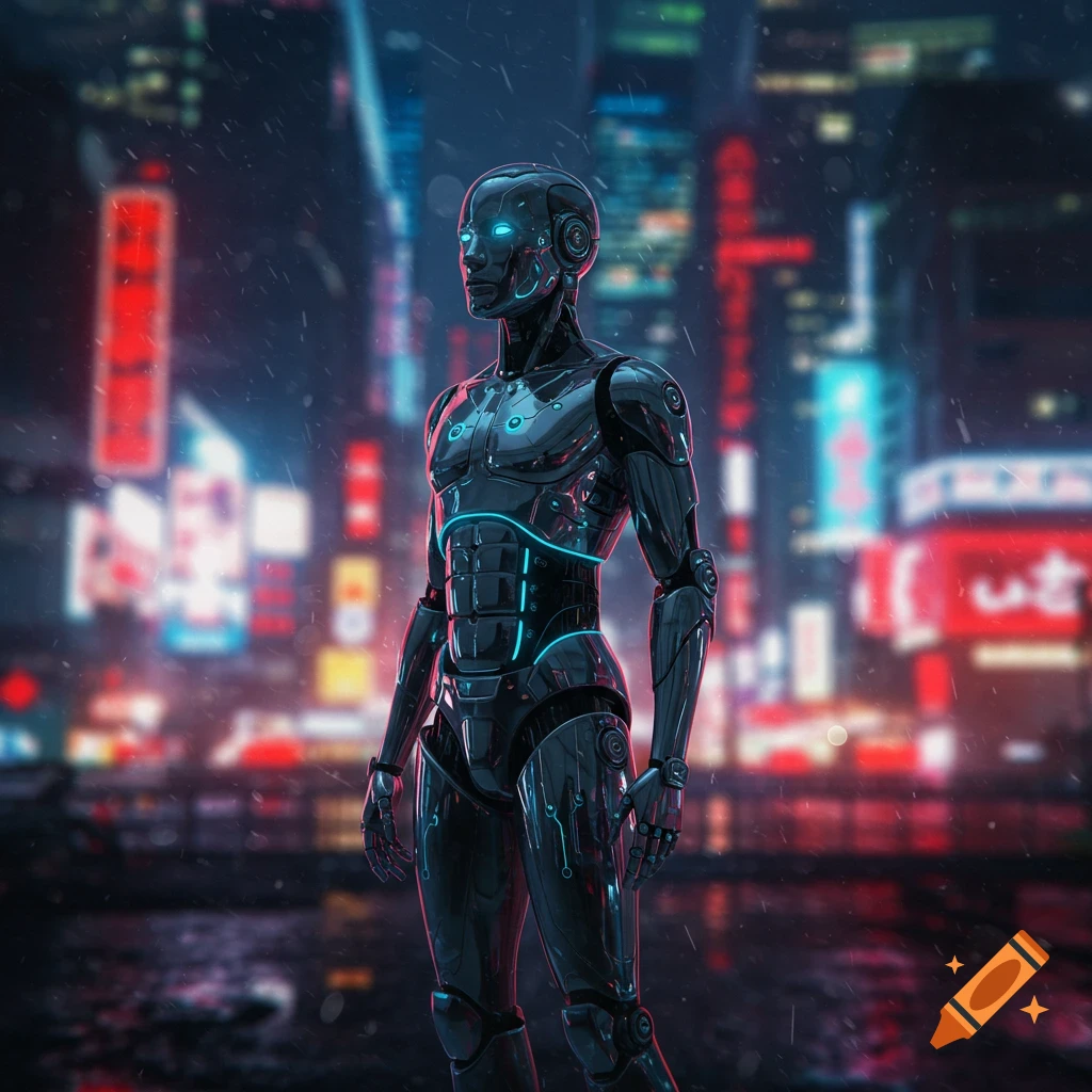 A sleek, black humanoid robot with glowing blue accents stands in a rainy, neon-lit futuristic city at night.