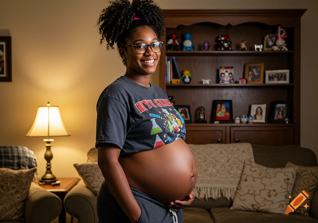 A smiling, pregnant Black woman wearing glasses and a t-shirt, holding her belly in a living room with a bookshelf and lamp.