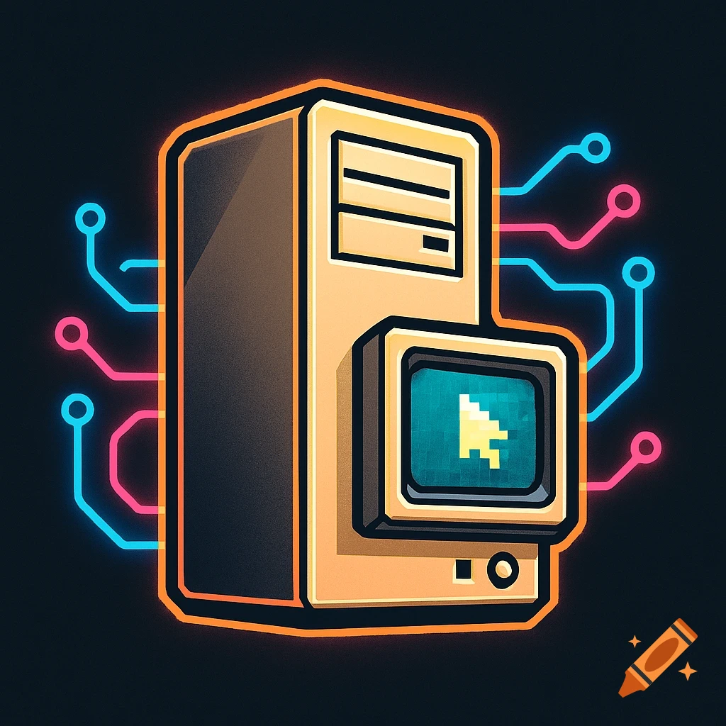 Stylized 1980s desktop computer tower and monitor with a pixelated cursor, surrounded by glowing neon circuit lines on a dark background.