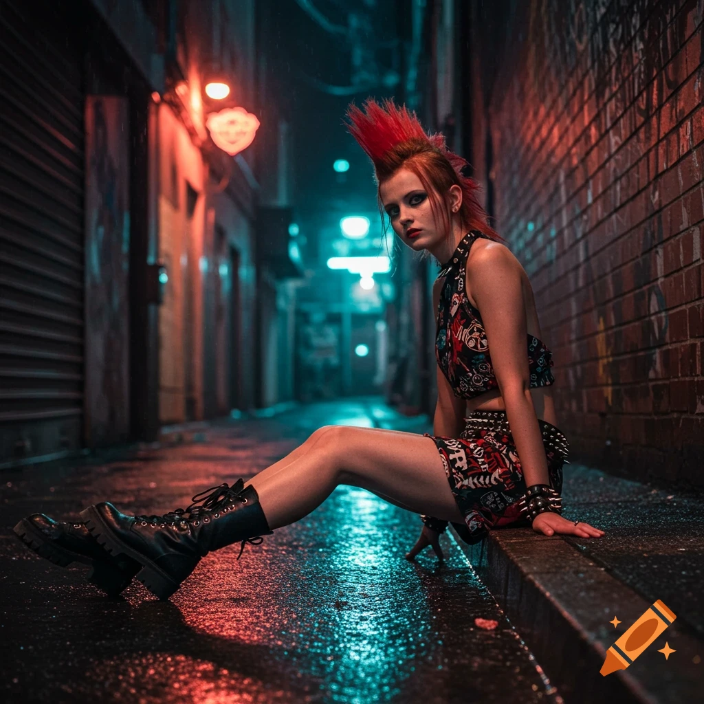 A young redhead punk woman with a mohawk sits on a wet curb in a dark, neon-lit alley at night, wearing black boots and a patterned outfit.
