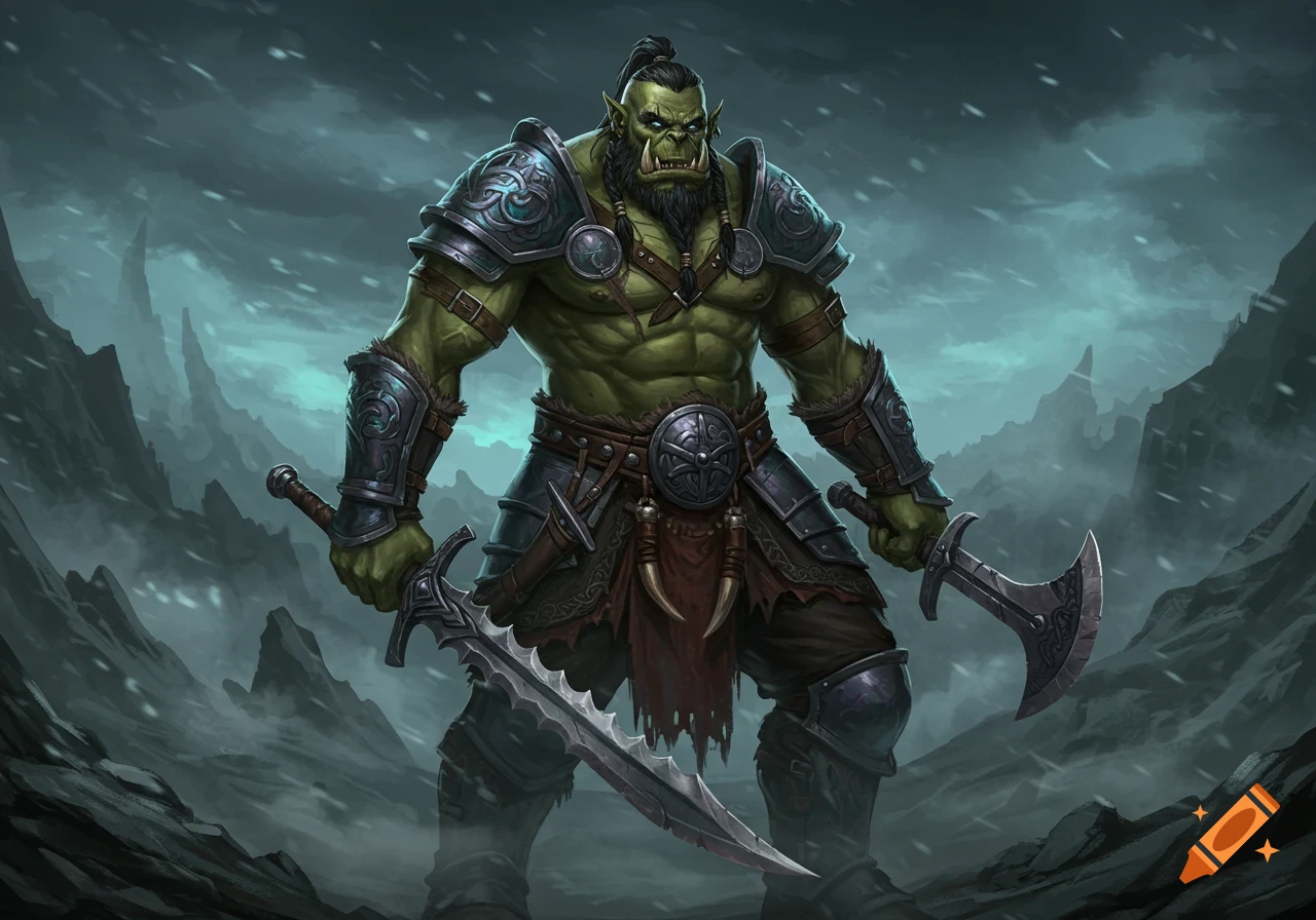 A hulking green-skinned orc warrior in intricate armor stands defiantly in a snowy mountain landscape, wielding two sharp swords.
