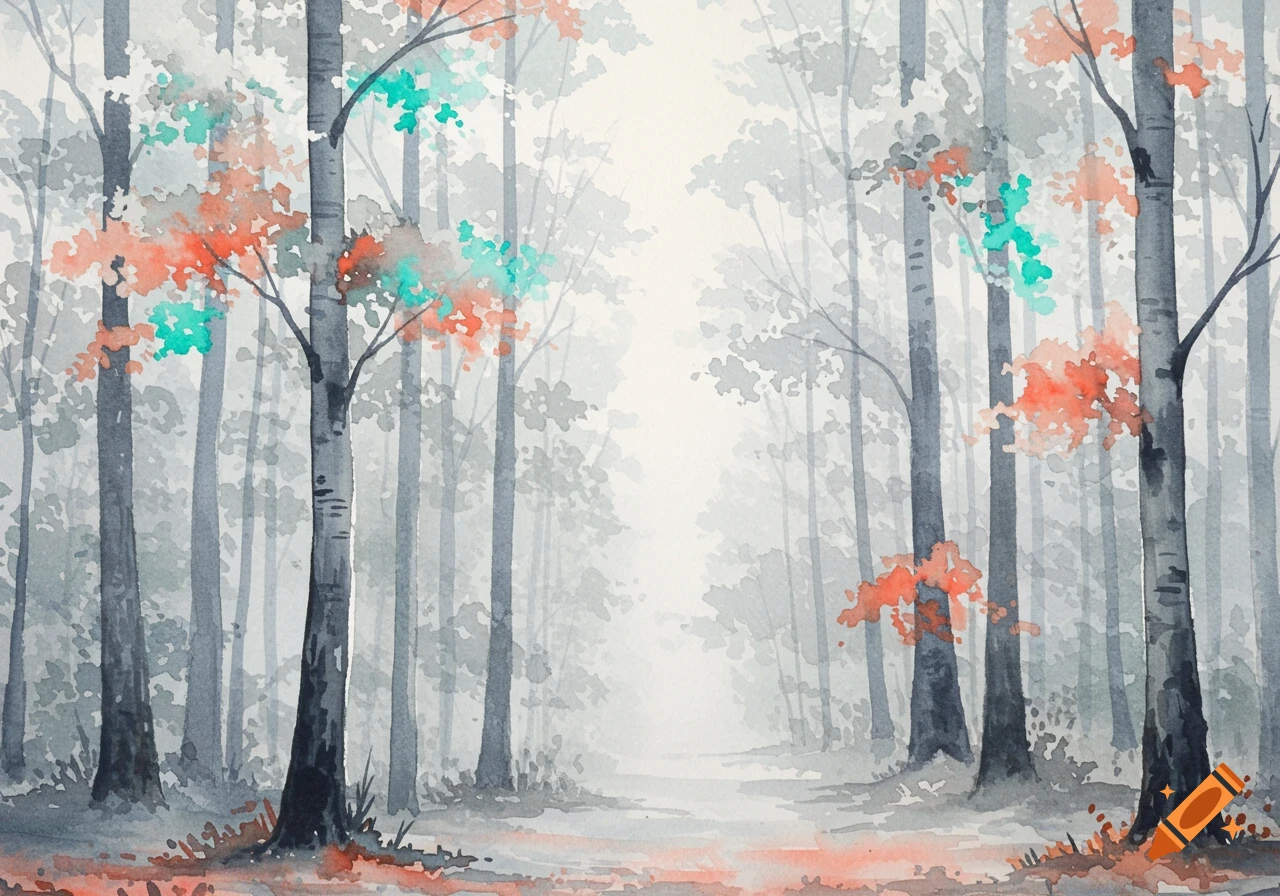 Watercolor painting of a misty forest path lined with neutral-colored trees and bright orange and teal leaves.